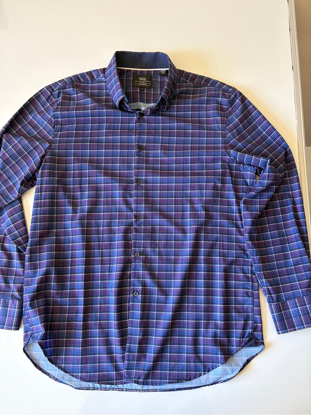 WRK work rest karma blue pink plaid stretch long sleeve button up mens size 17